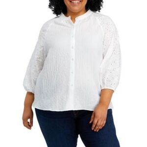 Anne Klein Women's Plus Size 3/4 Sleeve Mixed Fabric Button Down Blouse White 2X